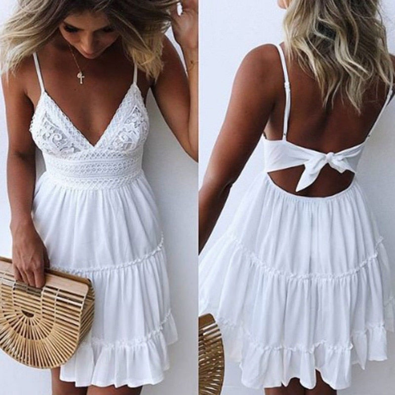 Women Summer Dress Sexy Bow Backless V-neck Mini Sleeveless Beach Dresses Ruffle White Beach Dress