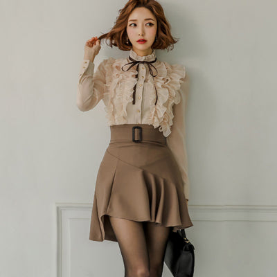 Fashion Summer Sets For Women New Arrival Korean Simple Casual Lace Shirt And Mini Skirt Trend Elegant Slim 2 Piece Sets Outfits