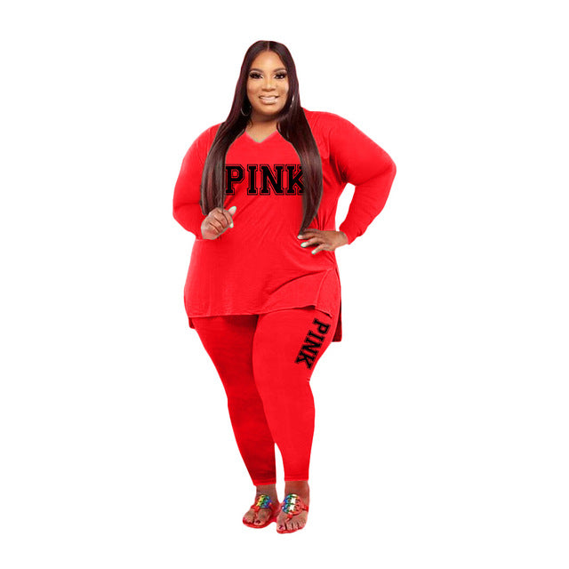 XL-5XL Fall 2021 Plus size Women Clothing Two Piece Set Fashion Long Sleeve V Neck top And Pants Print 2 Piece Suit Outfit