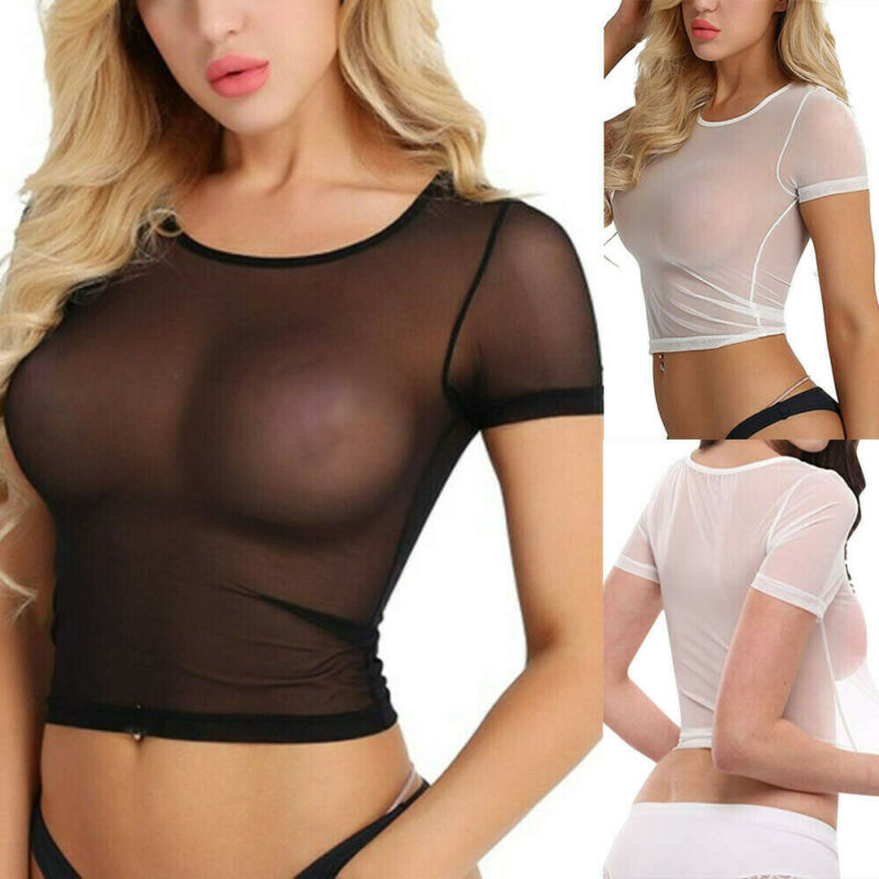 NEW 2020 Women Sexy Sheer Mesh See-Through Short Sleeve Tops Crop Slim T Shirt Blouse Bikini Cover up
