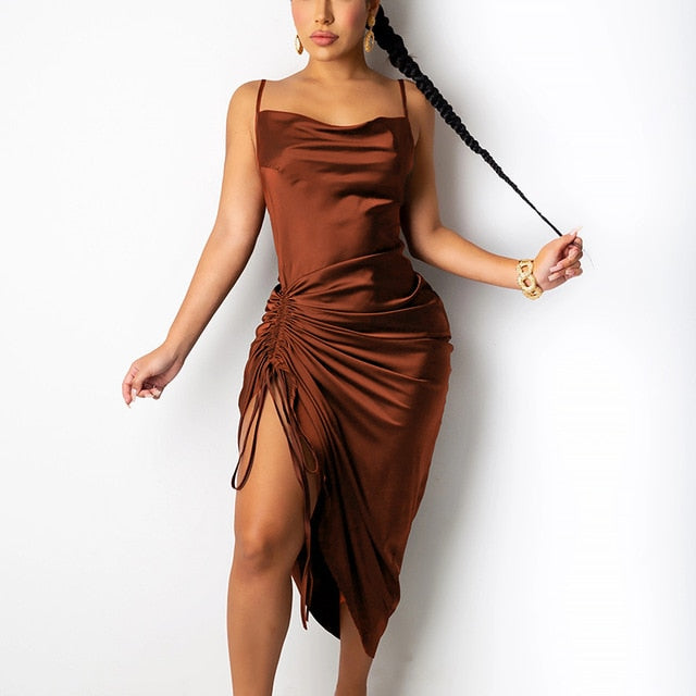 2020 Sexy Summer Satin Spaghetti Straps Backless Long Dresses