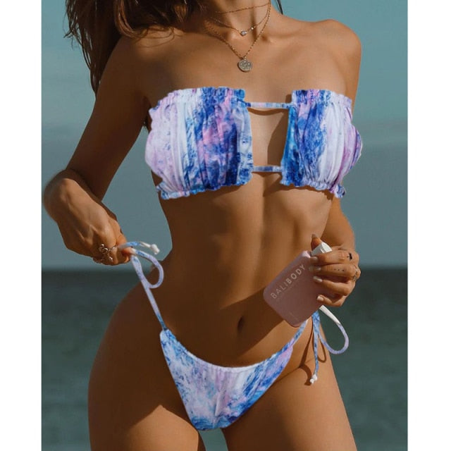 2021 Sexy Solid Bikini Women Pleated Bandeau Swimsuit Swimwear Beach Thong Bikini Set