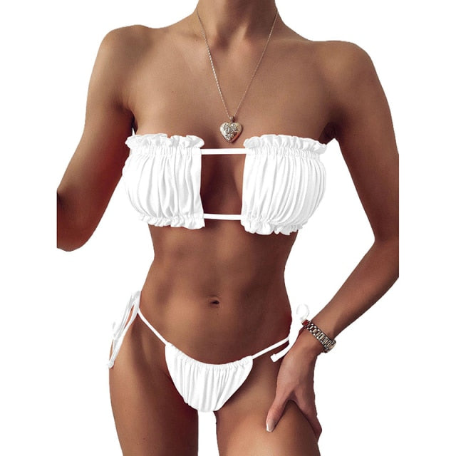 2021 Sexy Solid Bikini Women Pleated Bandeau Swimsuit Swimwear Beach Thong Bikini Set