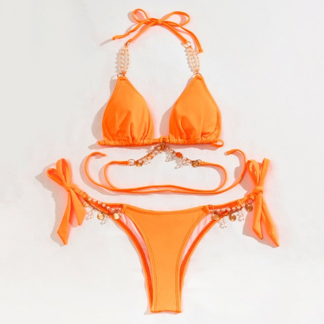2021 Sexy Crystal Diamond Bikini Swimwear Swimsuit Chain Bandage Bikini Set Push Up Bathing Suit