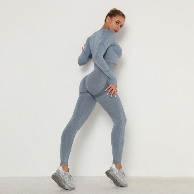 Seamless Women Sport Set For Gym Long Sleeve Top High Waist Belly Control Leggings Clothes Seamless Sport Suit Sexy Booty Girls