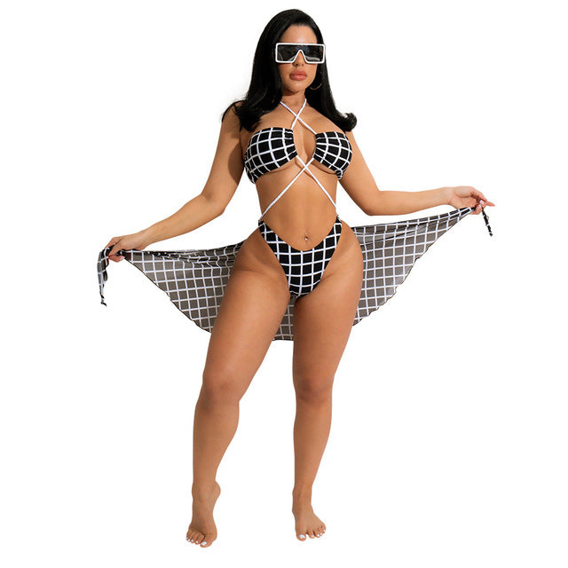 Prowow Sexy Print Women Bikinis Set Bandage Halter Thong Skirt Three Piece Swimsuits 2022 New Summer Lady Beach Bathing Outfit