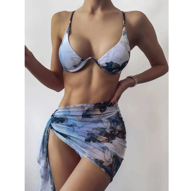 2022 Sexy Three Pieces Bikini Set Women Bikini With Skirt Swimsuit Female Swimwear Print Biquini Bathing Suits Summer Beach Wear