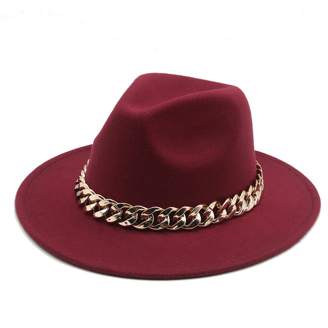 Fedora Hats for Women Men Wide Brim Thick Gold Chain Band Felted Hat Jazz Cap Winter Autumn Panama Red Luxury Hat Chapeau Femme