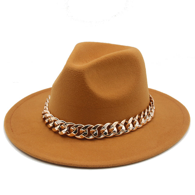 Fedora Hats for Women Men Wide Brim Thick Gold Chain Band Felted Hat Jazz Cap Winter Autumn Panama Red Luxury Hat Chapeau Femme