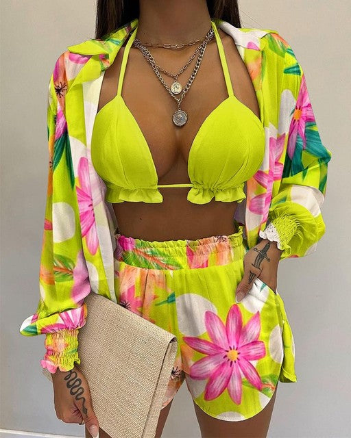 Three Piece Set Women&#39;s Long Sleeve Printed Beachwear Sexy Cardigan Holiday Shorts Fashion Slings Outfit Lady Suit