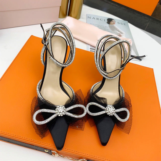 Spring Summer For 2022 Women&#39;s Shoes Fashion Butterfly-Knot Narrow Band Bling Patchwork Cross-Tied Crystal Pointed Toe Pumps