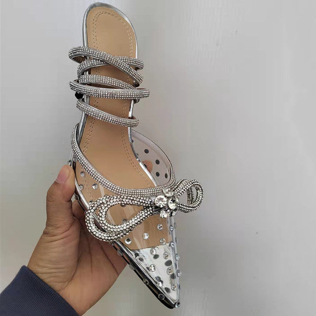 Spring Summer For 2022 Women&#39;s Shoes Fashion Butterfly-Knot Narrow Band Bling Patchwork Cross-Tied Crystal Pointed Toe Pumps