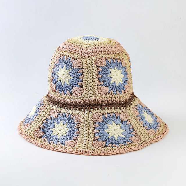 Japan Korea Crochet Sun Hat Women Summer Flowers Pure Hand-Woven Straw Beach Hat Sunshade Fisherman Caps Breathable Bucket Hat