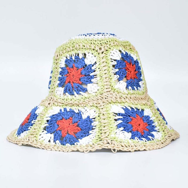 Japan Korea Crochet Sun Hat Women Summer Flowers Pure Hand-Woven Straw Beach Hat Sunshade Fisherman Caps Breathable Bucket Hat
